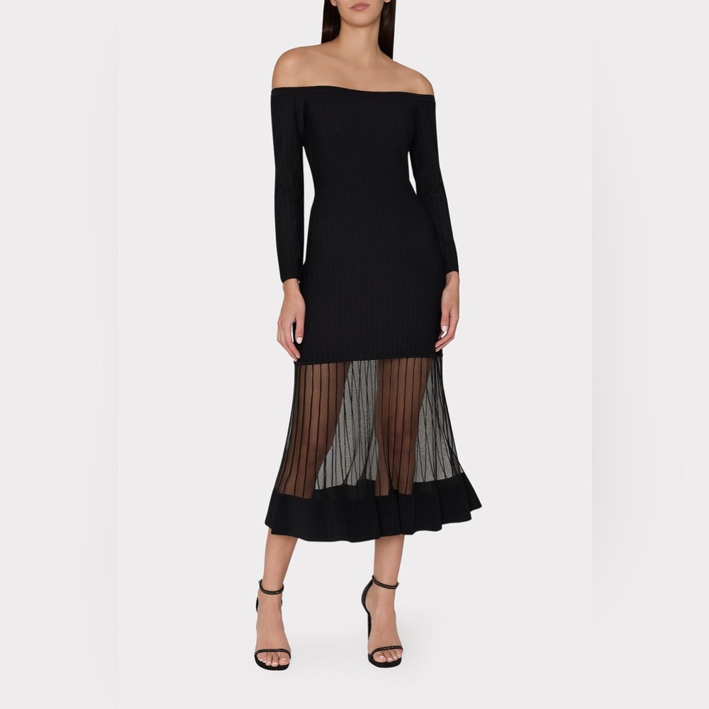 $550 MILLY 
Off-The-Shoulder Knit Dress | Midi, Ribbed - Black-3 size L